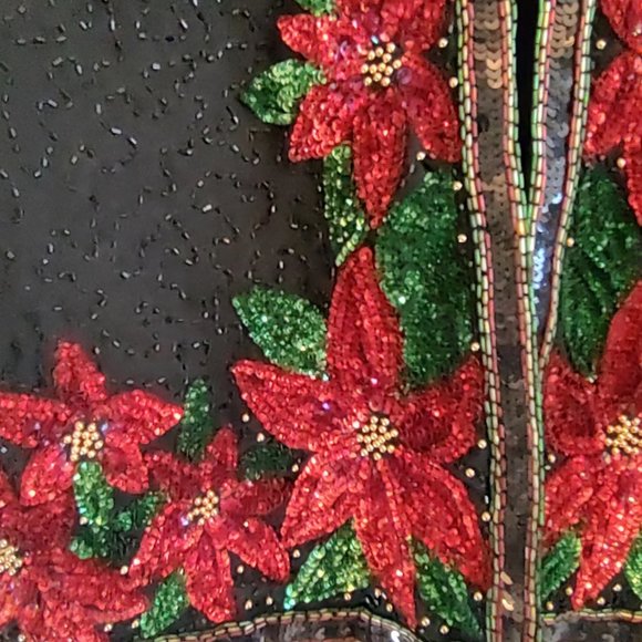 Laurence Kazar Sequin Beaded Embellished Christmas Poinsettia Cardigan Jacket L - Picture 4 of 8